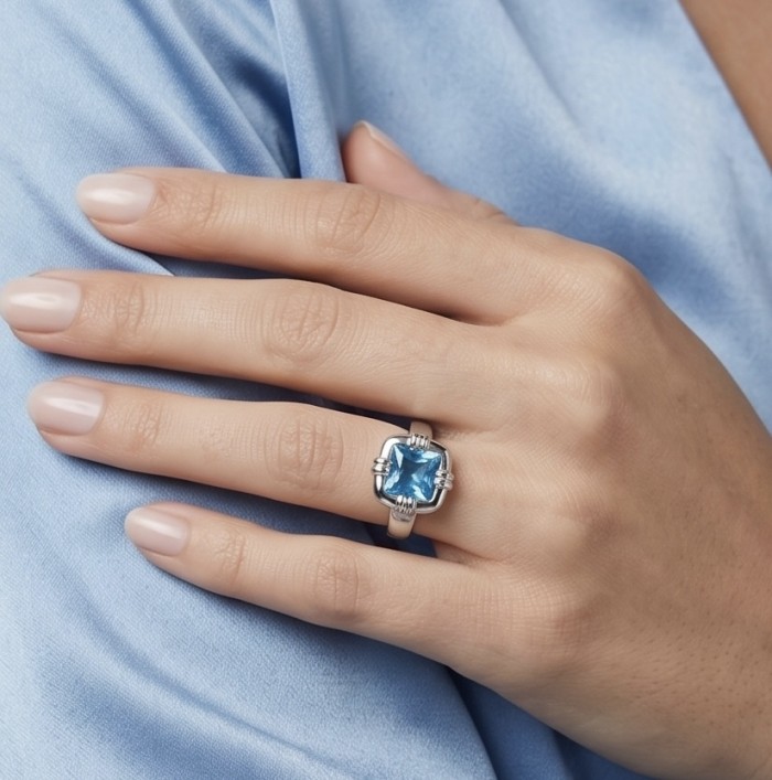 8.5 carat authentic Swiss Blue Topaz .925 Sterling Silver dipped in rhodium handmade Statement Ring size 8 1/4 - Worn on hand, 8.5 carat Swiss Blue Topaz ring in sterling silver.
