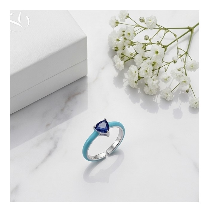 Natural 0.8 carat Sapphire and Enamel .925 Sterling Silver Huge handcrafted Ring s. 8 - Top view of sapphire and enamel sterling silver ring on marble surface.