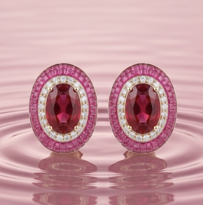 Precious - Art Deco 10.2 carat Ruby .925 Sterling Silver handmade earrings - Front view of Art Deco ruby and diamond earrings on pink surface.
