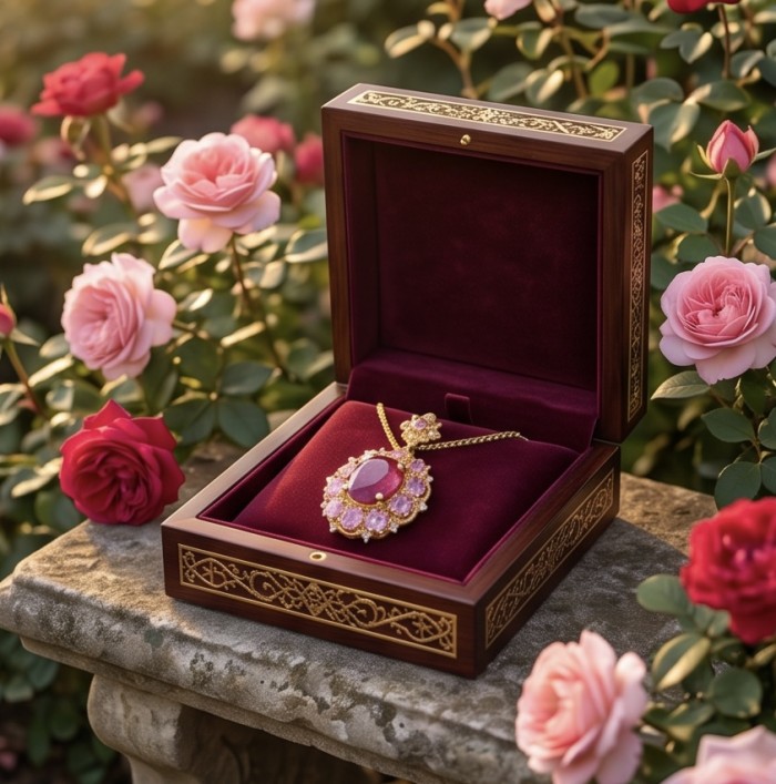 Rare 6.2 carat authentic Kashmir Ruby 18K Gold over .925 Sterling Silver handmade Statement Pendant - Kashmir Ruby pendant in ornate box, surrounded by blooming roses.