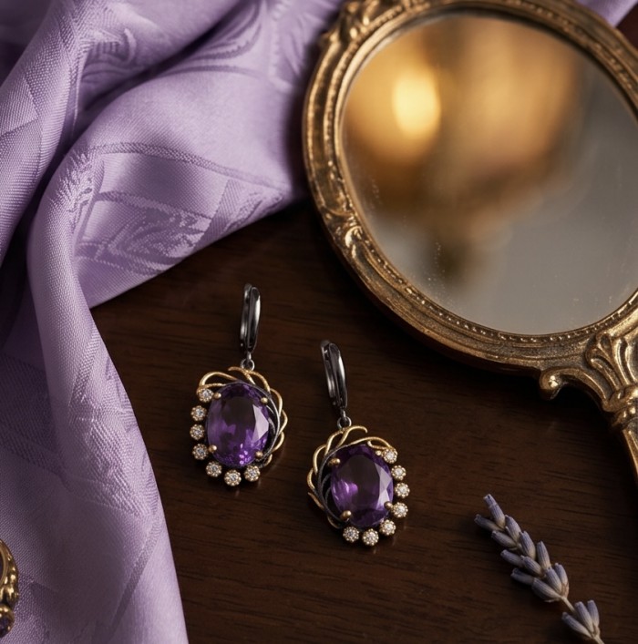 Elizabeth 25.5 carat Authentic Amethyst from Uruguay .925 Sterling Silver dipped in black rodium handcrafted Statement earrings - Amethyst earrings with mirror and lavender on a wooden surface.