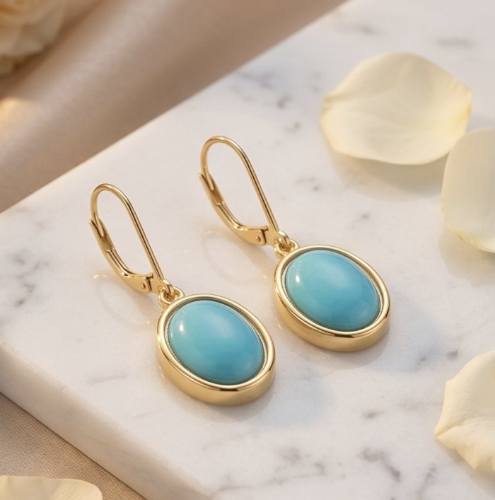 Great authentic Sleeping Beauty Turquoise 18K Gold over .925 Sterling Silver handcrafted Earrings - Gold turquoise earrings on marble, top view, with petals nearby