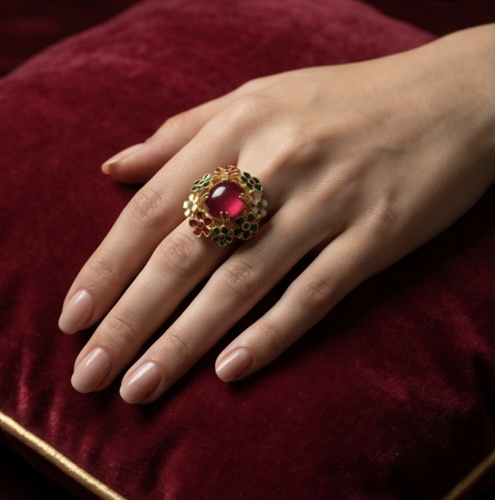 Blooming Garden Genuine 10.5 carat Kashmir Ruby enamel .925 Sterling Silver dipped in 22K Gold Large Statement Ring size 6 3/4 - Worn on hand, Blooming Garden Kashmir Ruby ring with floral details.