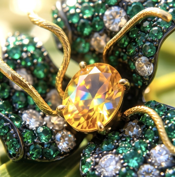 Exotica - rare art - authentic 4.9 carat Brazilian Citrine 9.2 carat Colombian Emerald 2 tones .925 Sterling Silver dipped in black rhodium handcrafted earrings - Close-up of jewelry with Brazilian Citrine and green gemstones.