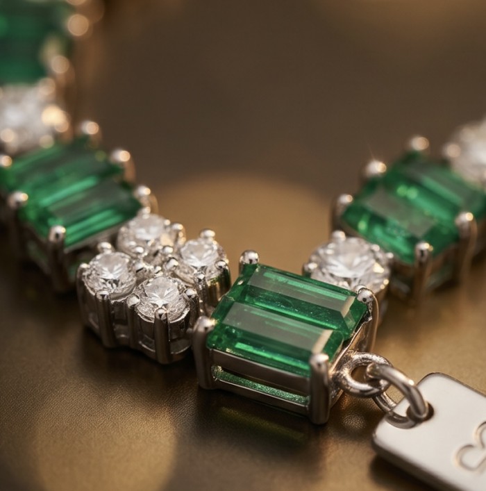 Art Deco 12.4 carat Emerald .925 Sterling Silver handcrafted Statement necklace - Emerald and diamond bracelet stone close-up, Art Deco design.