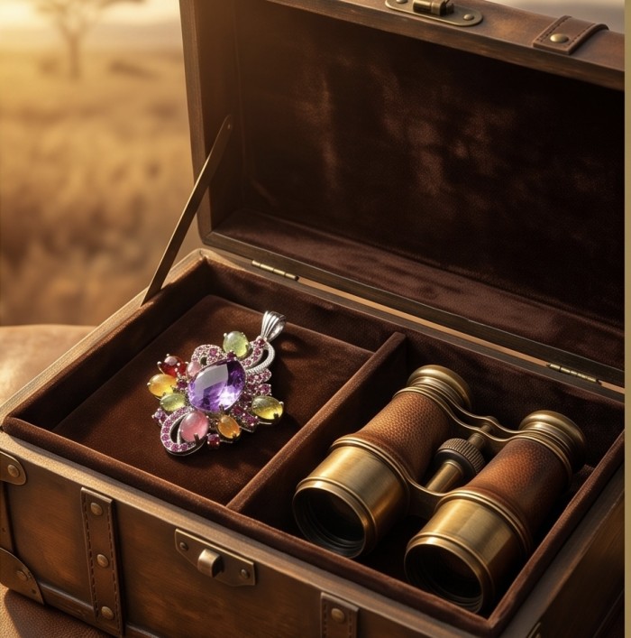 Divine Protection 25.8 carat Precious Multigem .925 Sterling Silver dipped in rhodium Pendant - Jewelry close-up in box with binoculars, featuring multigem pendant