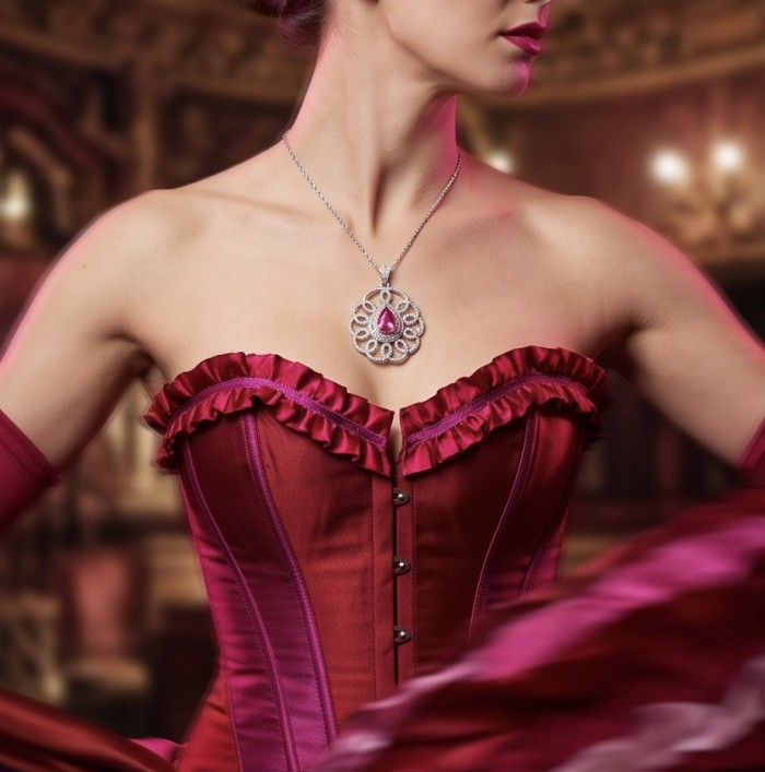 Giovanna - Magnificent Jewel 6.8 carat Ruby .925 Sterling Silver handcrafted incredible Statement Necklace - Ruby necklace on model in red corset, side view in elegant setting.
