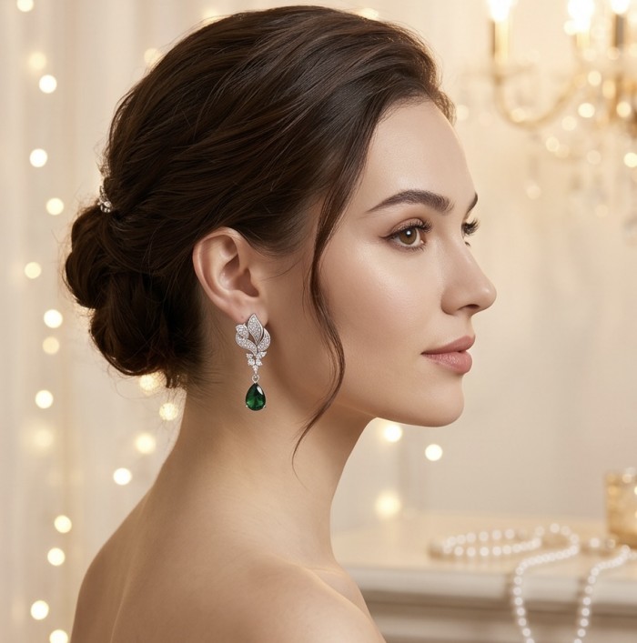 Valentina 2.2 carat Emerald .925 Sterling Silver dipped in rhodium Statement handcrafted earrings - Side view of woman wearing Valentina 2.2 carat emerald silver earrings.
