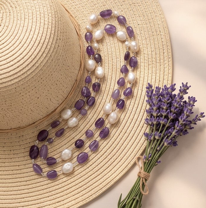 Giovanna - Top quality Natural Amethyst Mother of Pearl .925 Sterling Silver handcrafted 34 inches necklace - Amethyst and Pearl necklace on hat with lavender, top view.