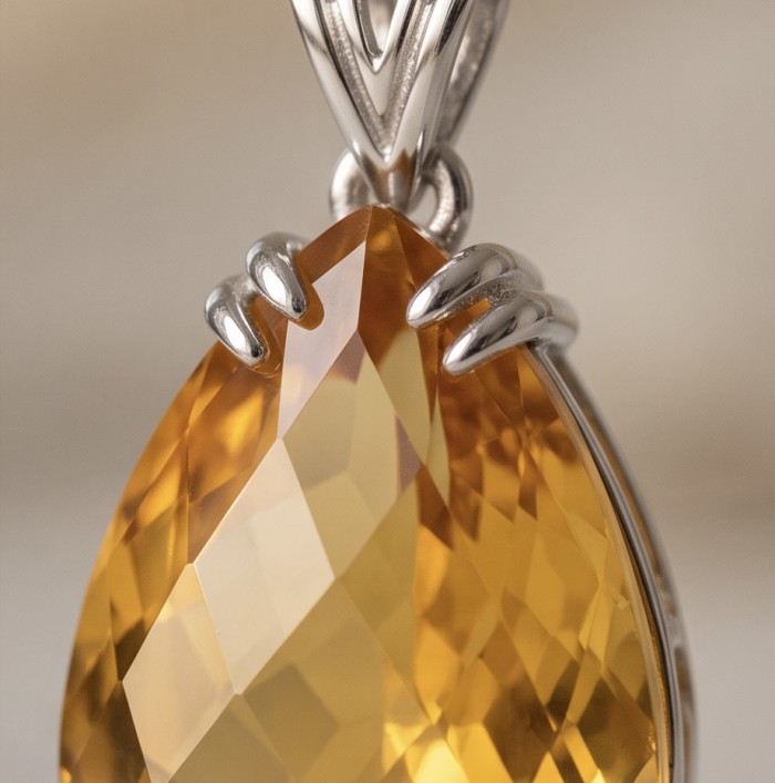 Luxury genuine 22.7 CARAT pear fancy cut Champagne Topaz .925 Sterling Silver handmade Pendant - Close-up of luxury 22.7-carat pear cut champagne topaz pendant.