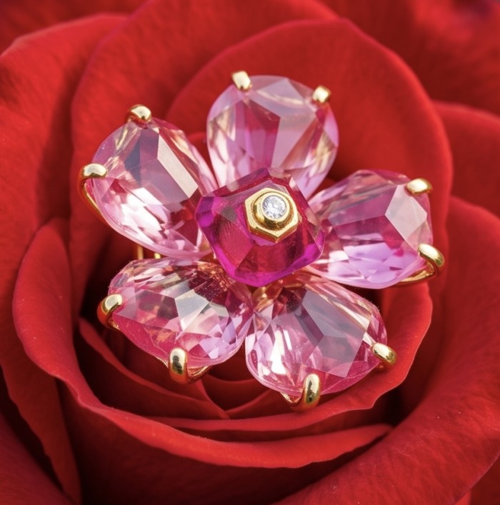 Cherry Blossom 27.5 carat Pink Amethyst 14K Gold over .925 Silver handcrafted Cocktail Ring s. 7 - Close-up of Cherry Blossom pink amethyst jewelry on red rose.