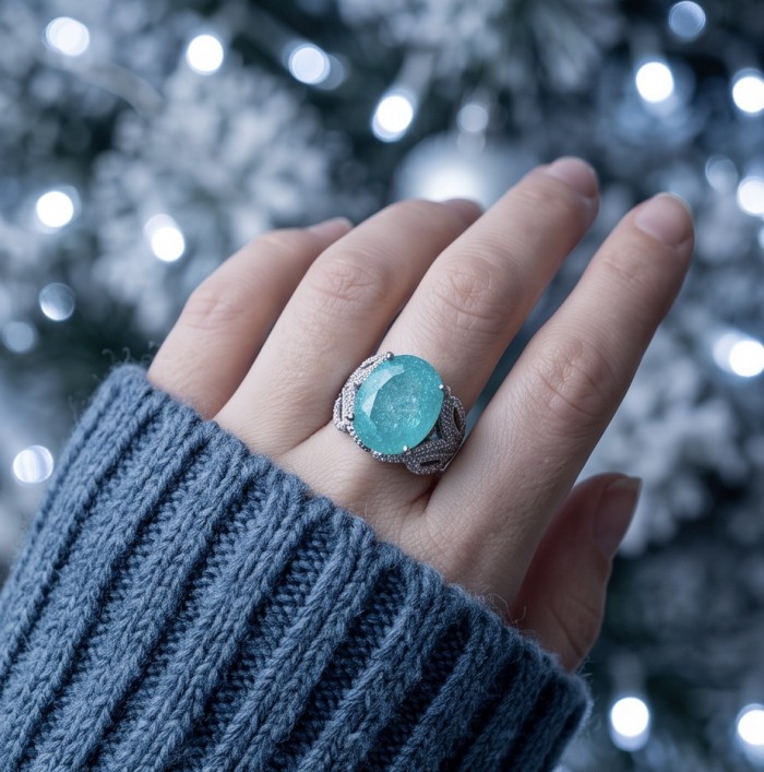 Marina tiffany Blue 17.8 carat Aquamarine .925 Sterling Silver handcrafted Large ring size 7 1/4 - Aquamarine ring worn on hand, showing stone detail against a winter background.