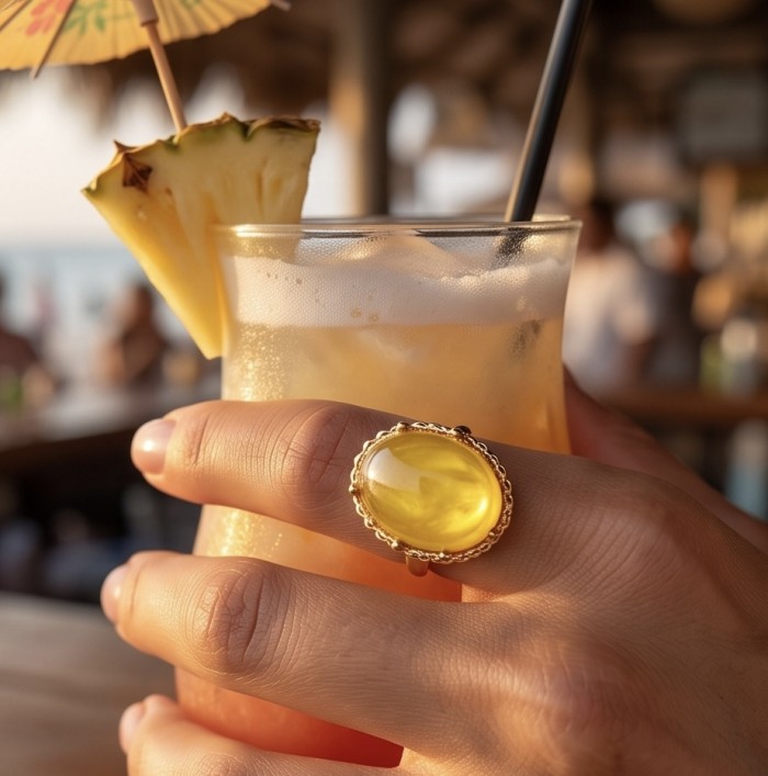 Vintage Style Authentic Golden Butterscotch Baltic Amber 18K Gold over .925 Sterling Silver entirely handcrafted ring; s. 6 - Worn on hand, close-up of golden amber ring holding a tropical drink.