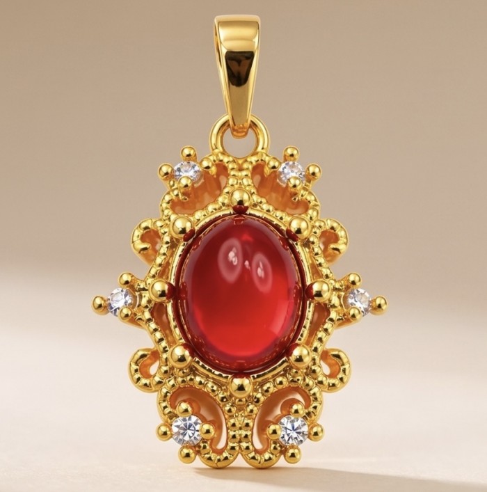Art deco - Natural 2.1 carat Mozambique Ruby .925 Sterling Silver Handcrafted Pendant - Close-up of art deco Mozambique ruby pendant in gold setting