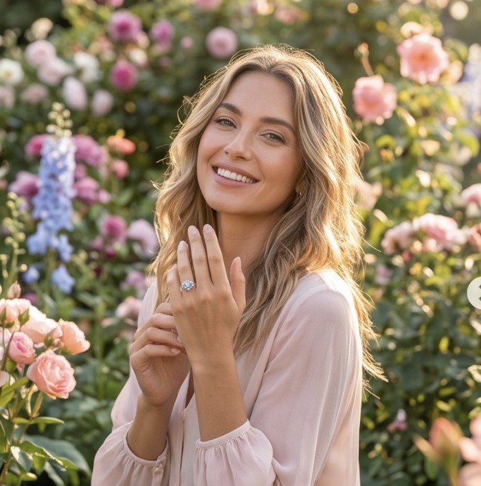 Pacifica 3.8 carat Swiss Blue Topaz .925 Sterling Silver handcrafted ring size 9 - Woman wearing Pacifica 3.8 ct Swiss Blue Topaz ring in garden setting.