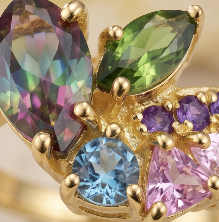 Juicy Gems 5.8 carat Multigem 18K Gold over .925 Sterling Silver Handcrafted Ring size 8 - Stone close-up of Juicy Gems Multigem 18K Gold over Sterling Silver ring