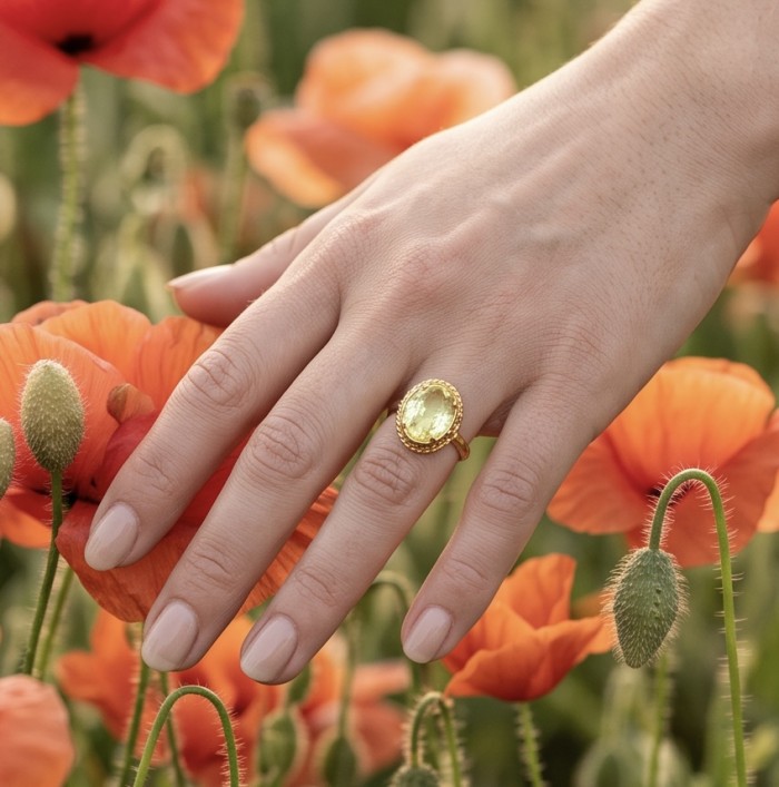 Summer Friday 12.8 carat Genuine Lemon Quartz 18K Gold over .925 Sterling Silver handcrafted ring size 9 - Hand with Summer Friday lemon quartz ring, poppies in background.