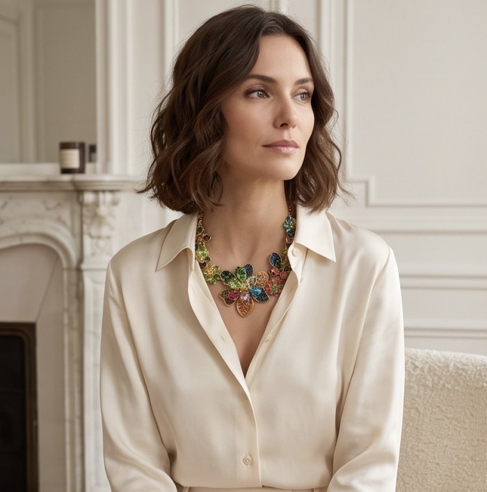 Blooming Garden 145.2 carat Natural multicolot Topaz 14k Gold over .925 Sterling Silver handcrafted Statement necklace - Woman wearing Blooming Garden multicolor topaz necklace, front view.