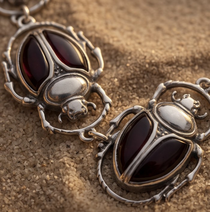 Unique creation - The Egyptian Scarab Beetles natural Baltic Amber .925 Sterling Silver entirely handcrafted necklace - Close-up of Egyptian Scarab Beetle jewelry on sand.