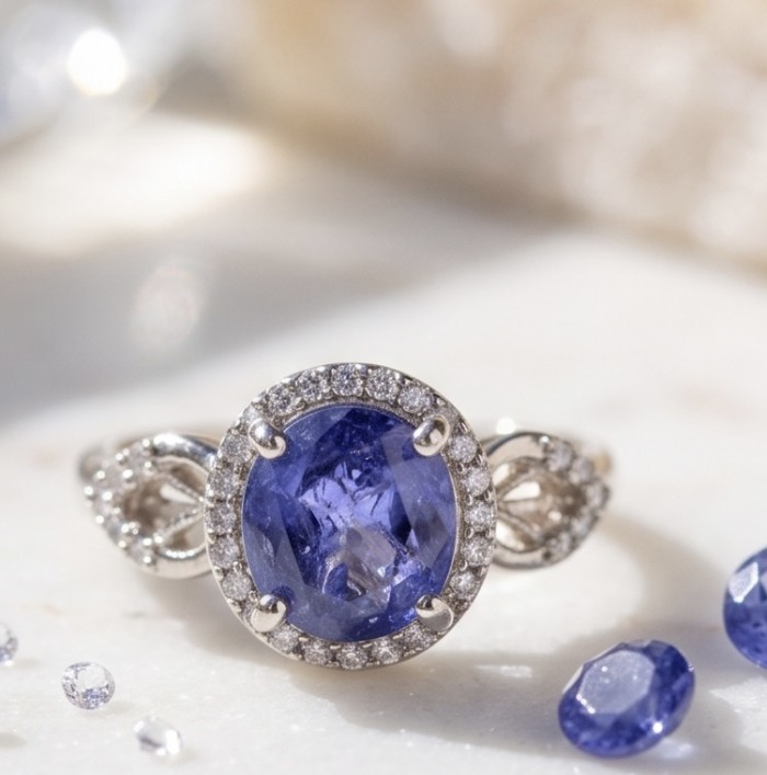Born to Glam 5.2 carat natural Tanzanite .925 Sterling Silver Perfectly handcrafted Ring s. 5 - Close-up of Born to Glam Tanzanite ring on a flat surface