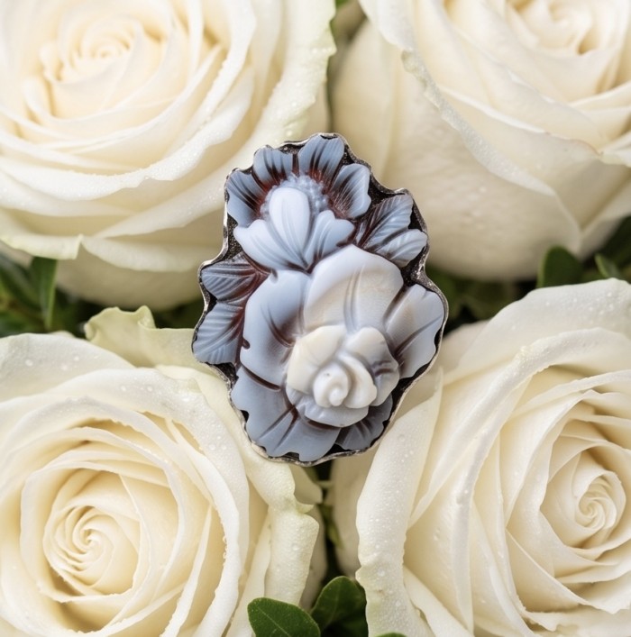 Exquisite Flowers oval Cameo Shell rhodium over .925 Sterling Silver handcrafted Made in Italy Statement ring; s. 7 ADJUSTABLE - Close-up of Exquisite Flowers cameo shell ring with white roses