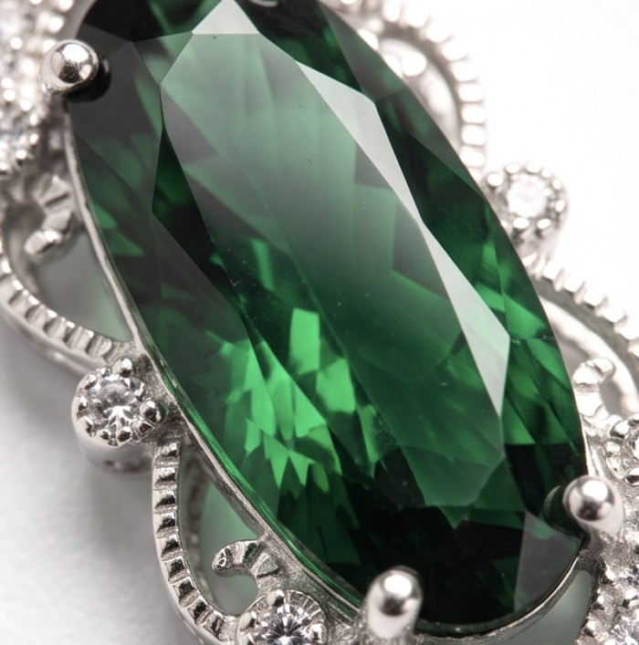 Spectacular Oval Cut 28.5 carat Natural Helenite .925 Sterling Silver handcrafted Pendant - Close-up of oval cut 28.5 carat green Helenite with silver detailing