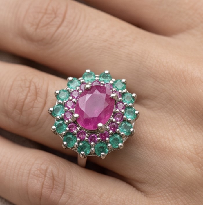 Bella Rosa Genuine 5.5 CARAT Ruby Emerald rhodium over .925 Sterling Silver Statement Ring size 8 - Ruby and emerald ring worn on hand, close-up view.