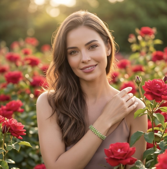 Vittoria Natural 44.8 carat Brazilian Peridot Rhodium over .925 Sterling Silver handmade Statement Bracelet - Woman wearing Vittoria Peridot bracelet in a rose garden.