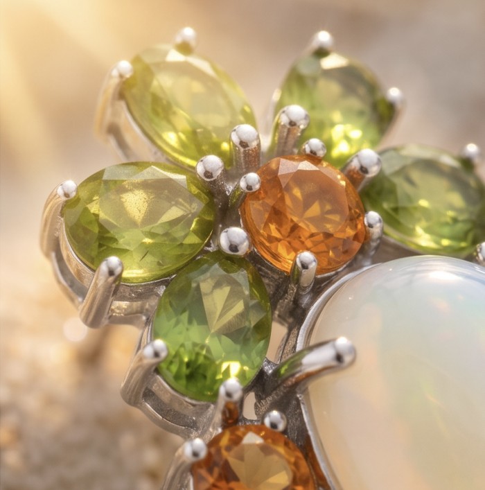 Angelina - Top quality 45.8 carat Brazilian Rose Quartz .925 Sterling Silver dipped in rhodium Handcrafted Statement earrings - Close-up of green and orange gemstones with a pearl in silver setting.