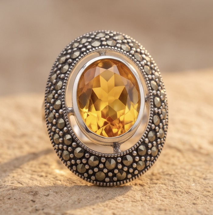Costa del Sol 9.4 carat Lemon Quartz rhodium over .925 Sterling Silver handcrafted ring size 7 - Close-up of Costa del Sol lemon quartz ring on textured background.
