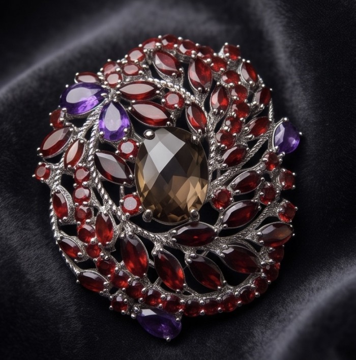Mademoiselle - Vintage Design 32.4 CARAT Smoky Topaz Brazilian Granet rhodium over .925 Sterling Silver handcrafted Pendant & Brooch - Vintage brooch with smoky topaz center and colorful gemstones close-up.
