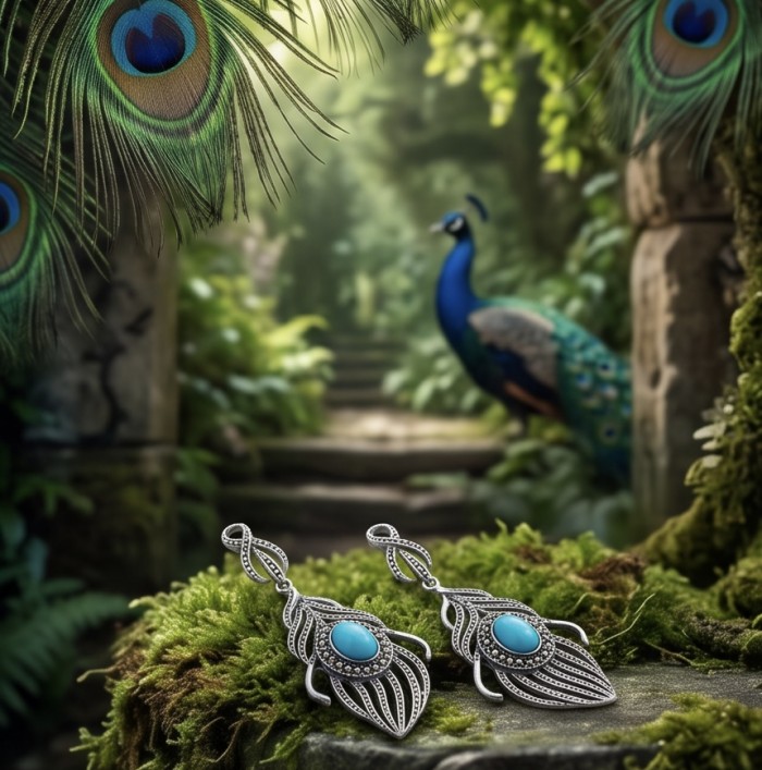 Valentina 12.9 carat Natural TURQUOISE .925 Sterling Silver dipped in RHODIUM handcrafted earrings - Peacock feather earrings, turquoise stone, on moss with blurred peacock background.