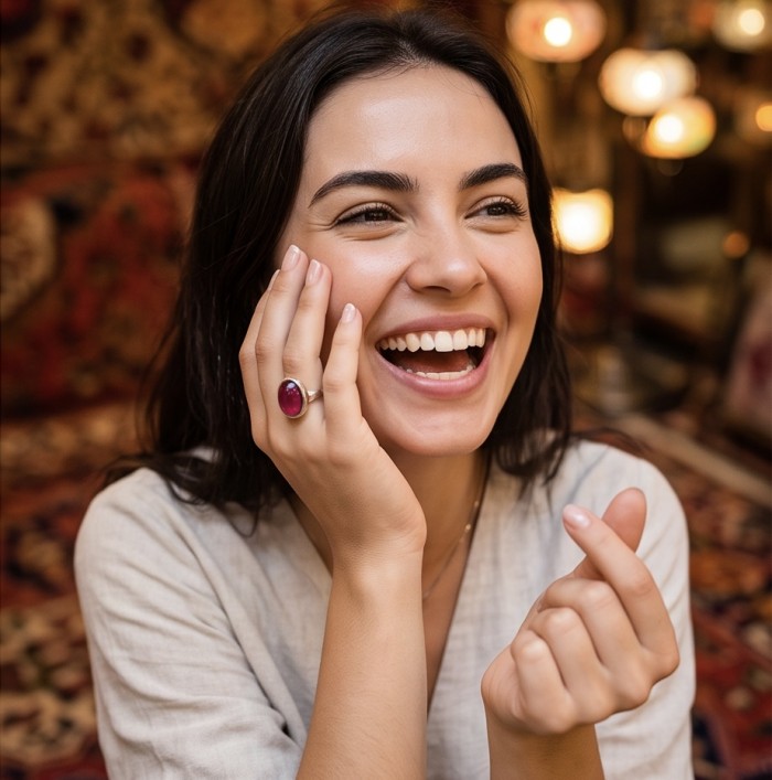 Bella Rosa Genuine 10.5 CARAT Star Ruby rhodium over .925 Sterling Silver Statement Ring size 9 - Woman wearing Bella Rosa 10.5 CARAT Star Ruby ring, smiling, hand shown.