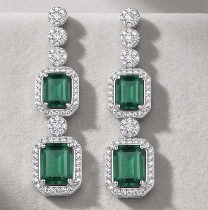 Ofelia - Authentic 5.5 CARAT natural Colombian Emerald .925 Sterling Silver handcrafted earrings - Emerald and diamond drop earrings, front view.