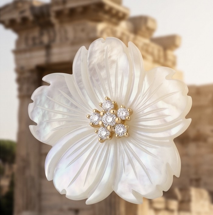 Genuine Blister Pearl 0.9 carat White Sapphire .925 Sterling Silver handcrafted Statement large Earrings - Close-up of flower-shaped pearl brooch with diamond accents.