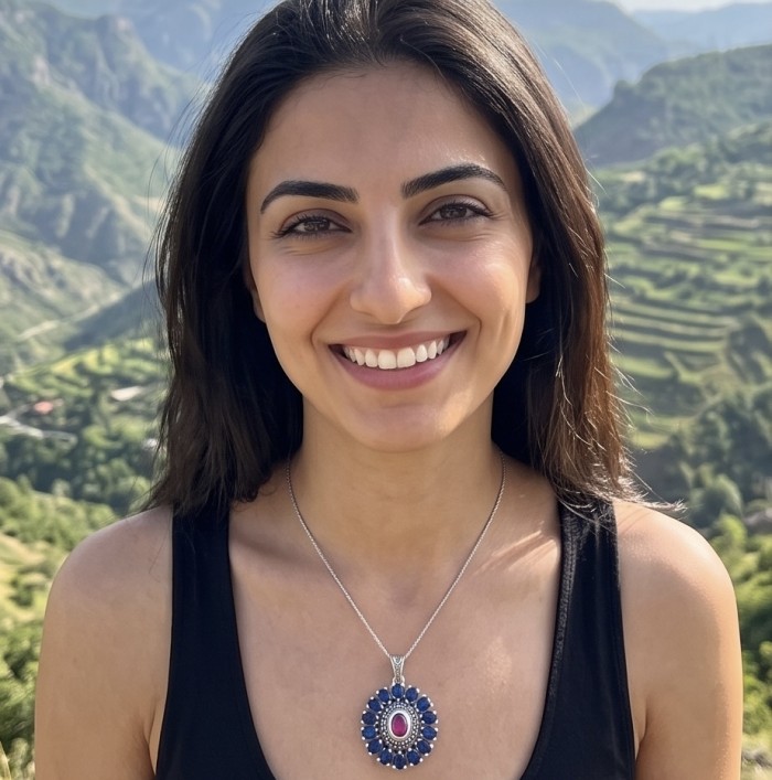 Giovanna 22.2 carat authentic Mozambique Ruby .925 Sterling Silver handmade Pendant - Necklace with Mozambique Ruby worn by model, scenic background