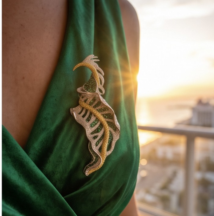 Precious Leaf - 9.5 carat Authentic Colombian Emerald pave 4.2 carat yellow Sapphire .925 Sterling Silver handcrafted Pendant and Brooch - Emerald leaf brooch on green fabric with sunset backdrop