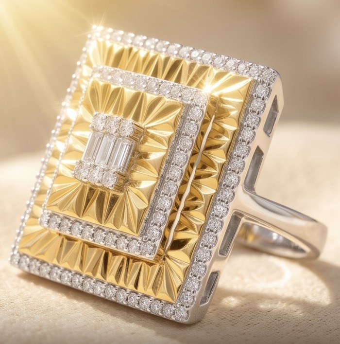 Art Deco 2.2 carat White Topaz 14K Gold over .925 Silver handcrafted Cocktail Ring s. 7 - Art Deco ring close-up, 14K gold over silver with white topaz center.