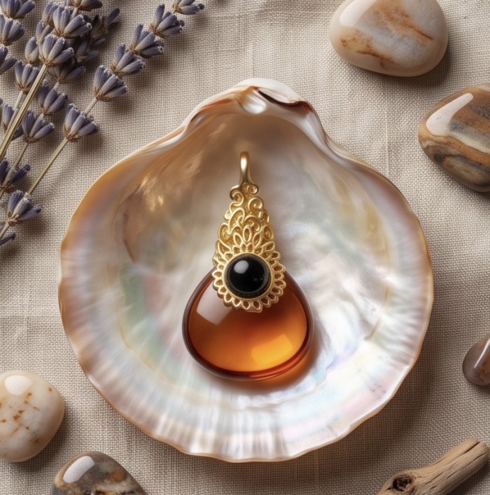 Prehistoric Authentic Golden Baltic Amber 18K Gold over .925 Sterling Silver beautifully handcrafted Pendant - Close-up of amber pendant in shell, adorned with gold and black accent.