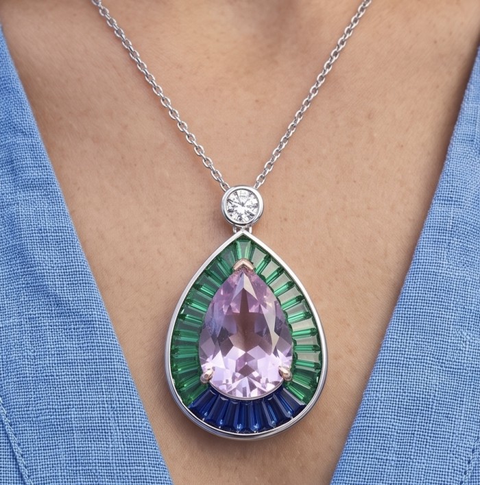 Emily - Art Deco - Precious genuine 10.2 carat Kunzite rhodium over .925 Sterling Silver 2 tones handcrafted necklace - Necklace with Kunzite pendant shown worn on neck, front view.