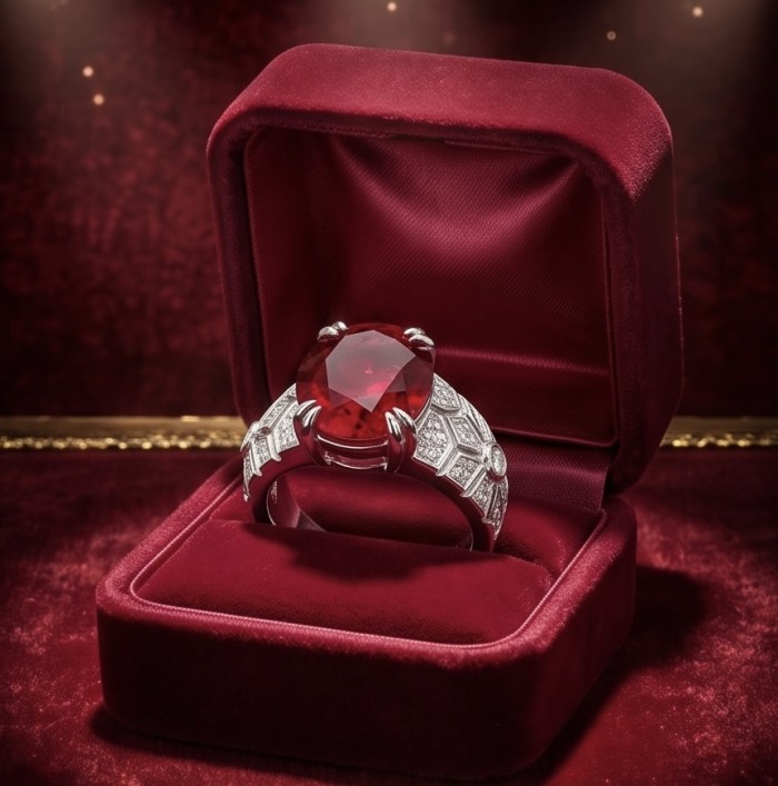 Exquisite 7.5 ctw Mozambique Ruby .925 Sterling Silver handcrafted Statement Ring size 7 1/4 - Ruby ring in red velvet box, angled front view showing stone and band details.