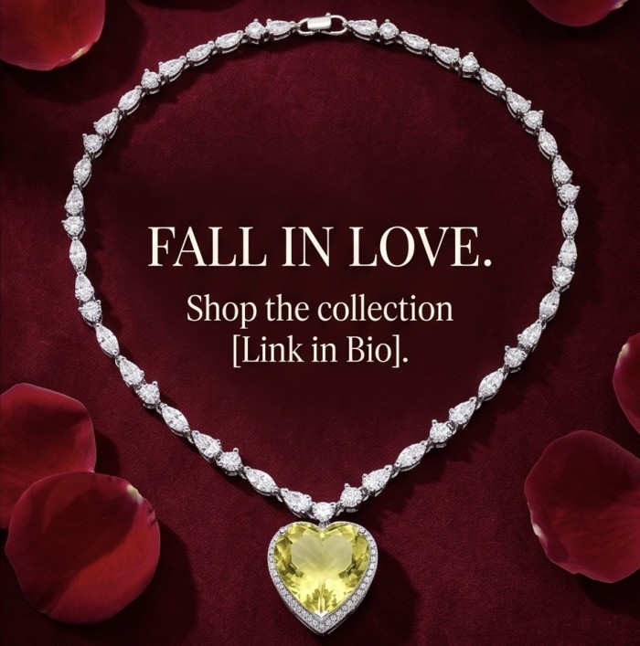 Titanic - Heart of The Ocean Necklace ~ 24.5 Ct Yellow Sapphire Necklace In 925 Sterling Silver necklace - Heart of The Ocean necklace on red background, front view with petals.