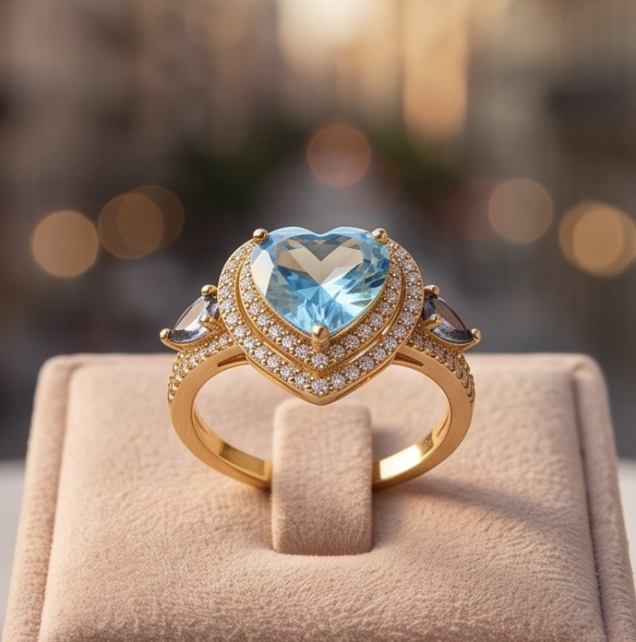 ANGEL'S HEART 6.8 carat Swiss Blue Topaz .925 Sterling Silver dipped in 22K Gold handcrafted ring size 8 - Heart-shaped blue topaz ring front view on display stand