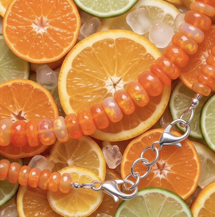 Mystery 11.2 carat Australian Orange Opal .925 Sterling Silver .925 Sterling Silver Statement Necklace - Opal bracelet with citrus; close-up of stones and clasp detail.