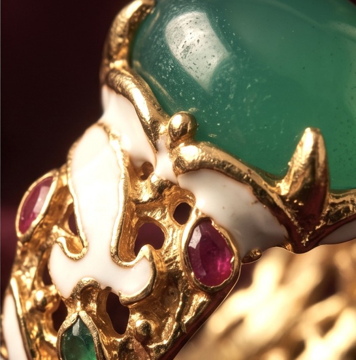 Magnificent 939 carat Natural Ruby Emerald Enemel 18K Gold over . 925 Sterling Silver handcrafted Statement Ring size 7 - Close-up of ruby and emerald stone with gold and enamel detail.
