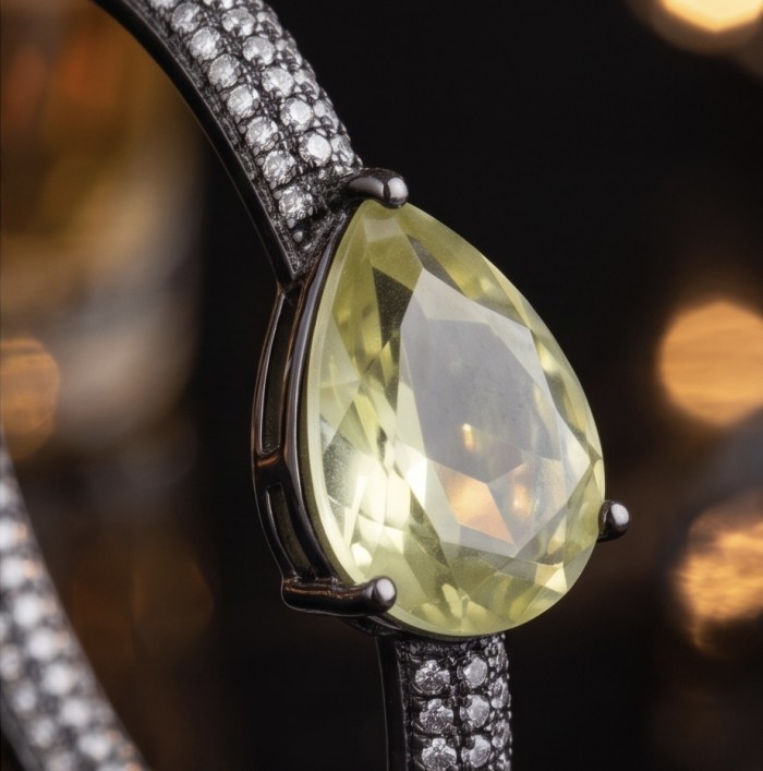 Allure Natural 19.2 carat Brazilian Citrine pave 4.2 carat White Topaz Black rhodium .925 Sterling Silver handcrafted hoop earrings - Stone close-up of Allure Citrine with diamond pavé detailing