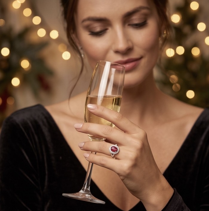 Exquisite 4.5 ctw Mozambique Ruby .925 Sterling Silver handcrafted Statement Ring size 9 - Woman holding champagne glass, showing ruby ring worn on hand.