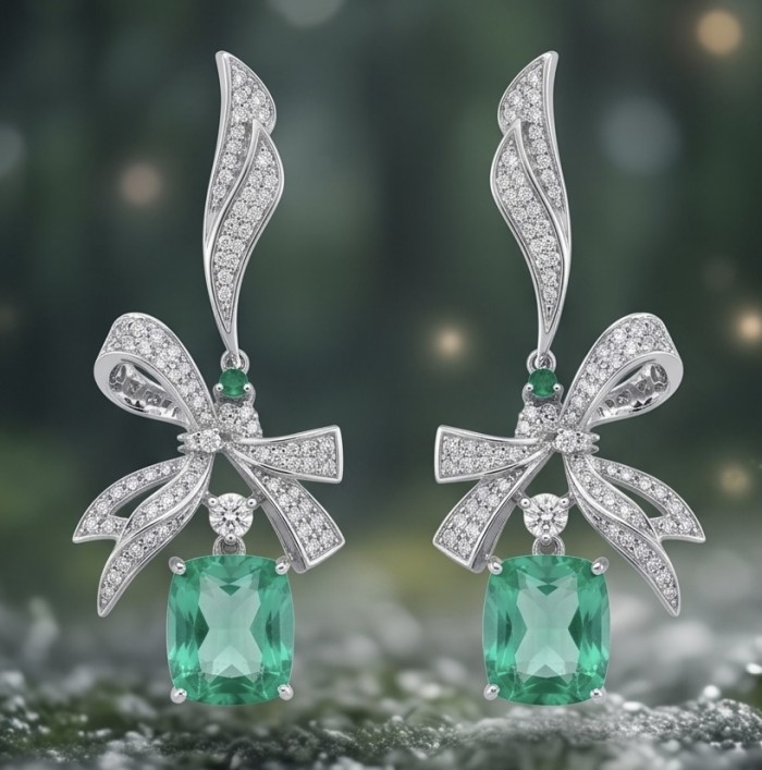 Green Bow - 12.5 carat Green Topaz rhodium over .925 Sterling Silver handmade Statement earrings - Elegant green topaz earrings with bow design, front view.