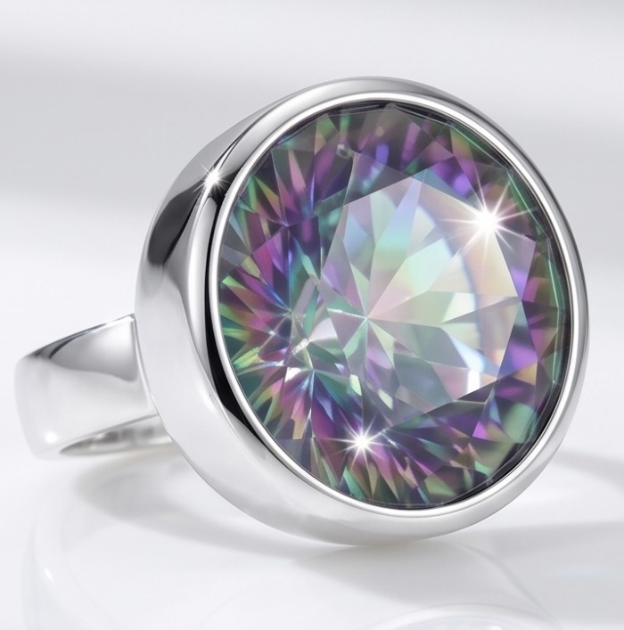 10.8 carat Mystic Topaz .925 Sterling Silver handcrafted Large ring size 7 - Mystic topaz ring in silver, stone close-up, 10.8 carat, handcrafted.