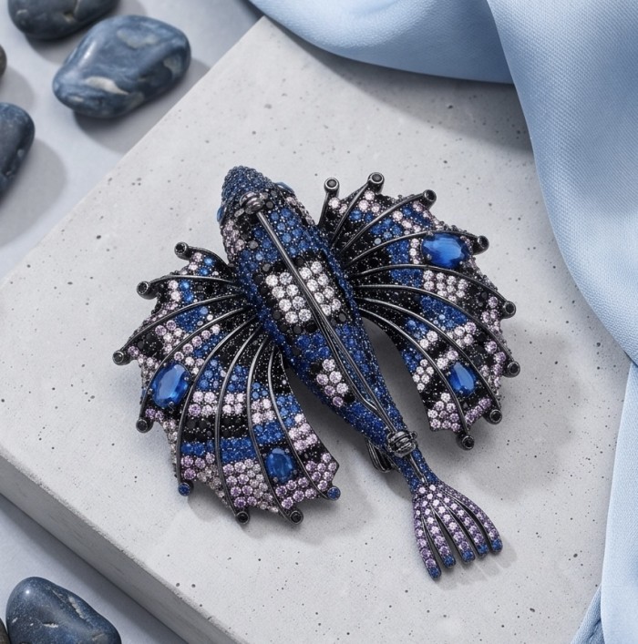 Flying Fish genuine 17.5 CARAT Sapphire black rhodium over .925 Sterling Silver handmade Brooch - Flying Fish brooch top view with sapphire and black rhodium details
